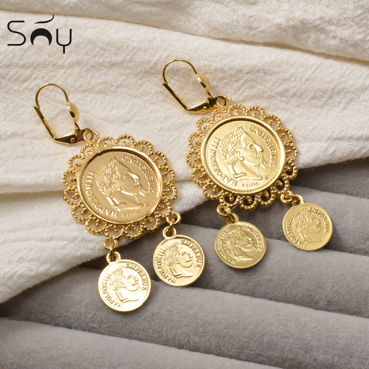 18K Golden Plated Vintage Portrait Drop Earrings